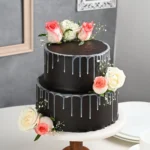 Two Tier Black Floral Cream Cake